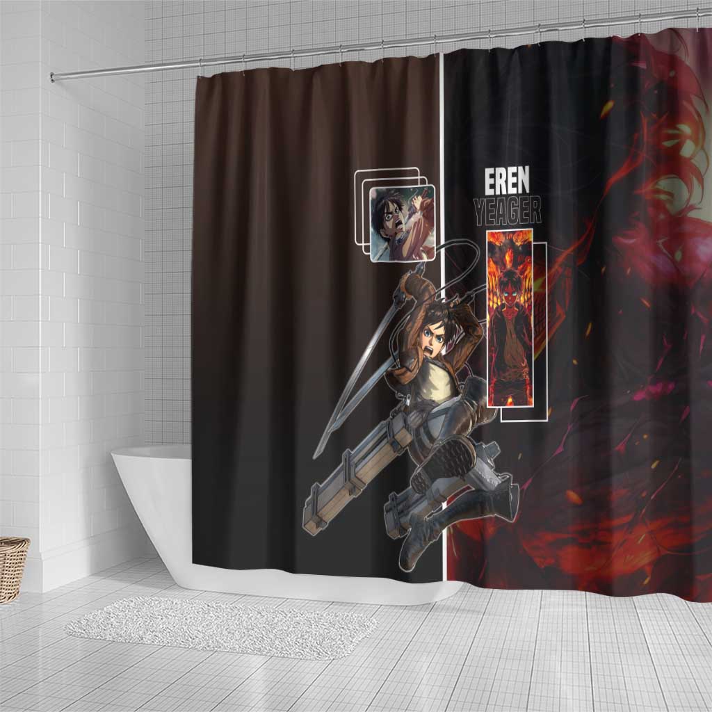Eren Yeager from Attack on Titan Shower Curtain with Action Poses and Fiery Background Design - The Mazicc