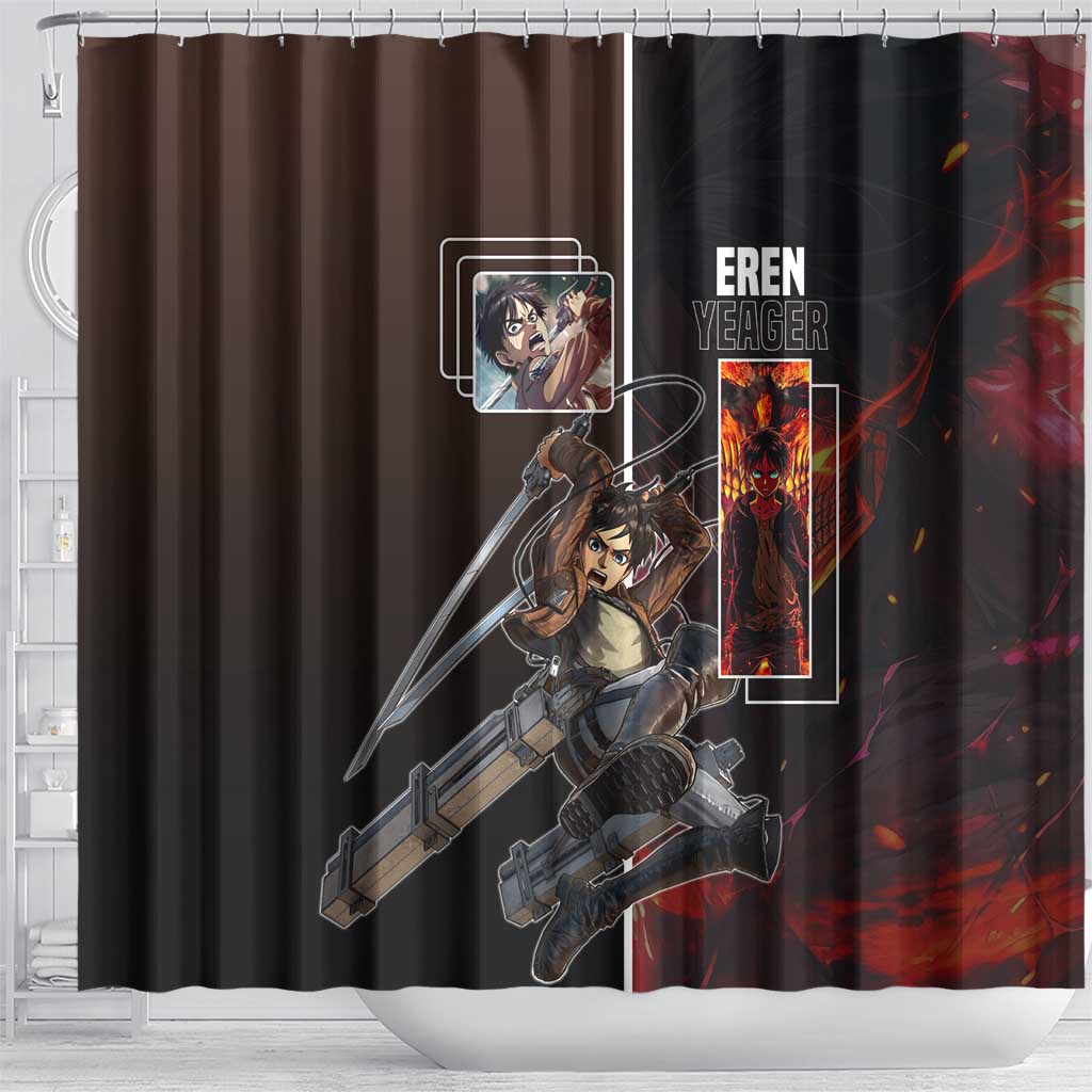Eren Yeager from Attack on Titan Shower Curtain with Action Poses and Fiery Background Design - The Mazicc