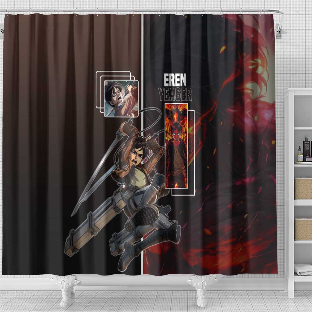 Eren Yeager from Attack on Titan Shower Curtain with Action Poses and Fiery Background Design - The Mazicc