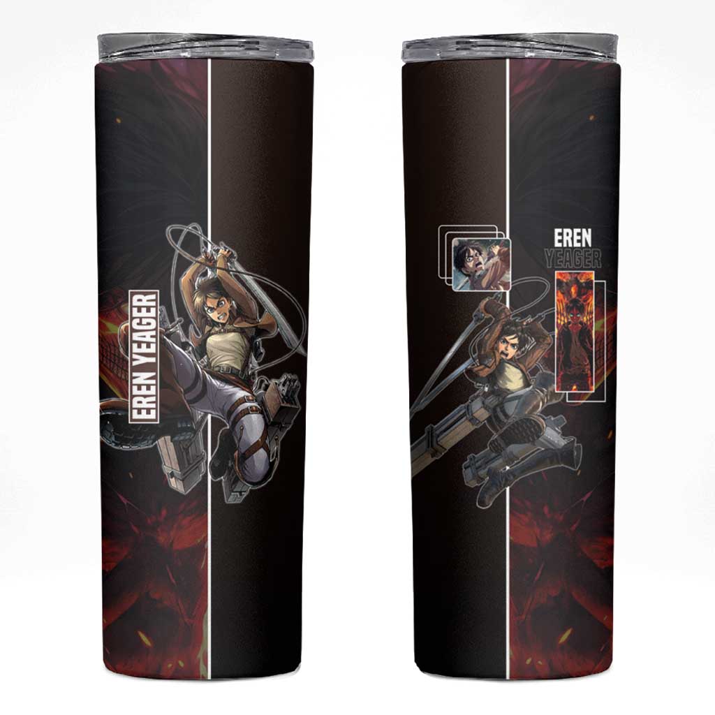 Eren Yeager from Attack on Titan Skinny Tumbler with Action Poses and Fiery Background Design - The Mazicc