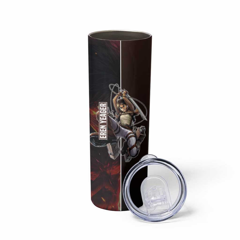 Eren Yeager from Attack on Titan Skinny Tumbler with Action Poses and Fiery Background Design - The Mazicc