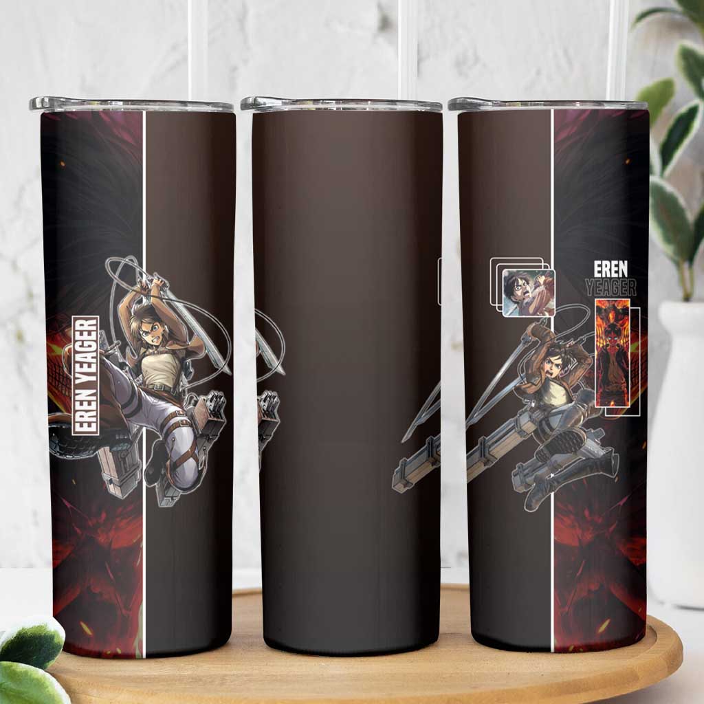 Eren Yeager from Attack on Titan Skinny Tumbler with Action Poses and Fiery Background Design - The Mazicc