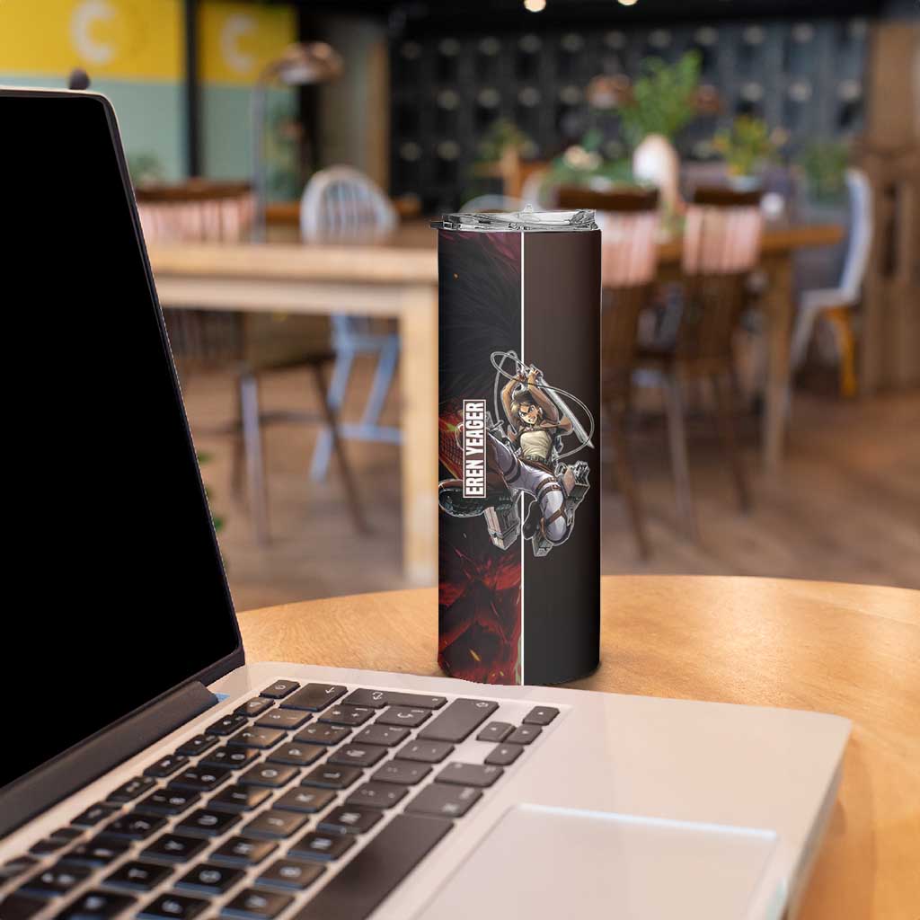 Eren Yeager from Attack on Titan Skinny Tumbler with Action Poses and Fiery Background Design - The Mazicc