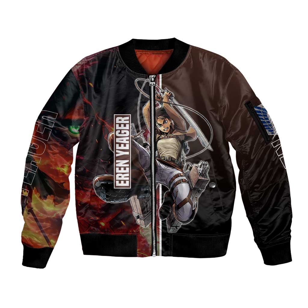 Eren Yeager from Attack on Titan Sleeve Zip Bomber Jacket with Action Poses and Fiery Background Design - The Mazicc
