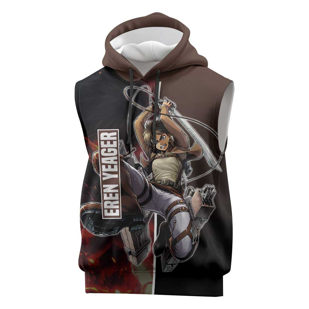 Eren Yeager from Attack on Titan Sleeveless Hoodie with Action Poses and Fiery Background Design - The Mazicc