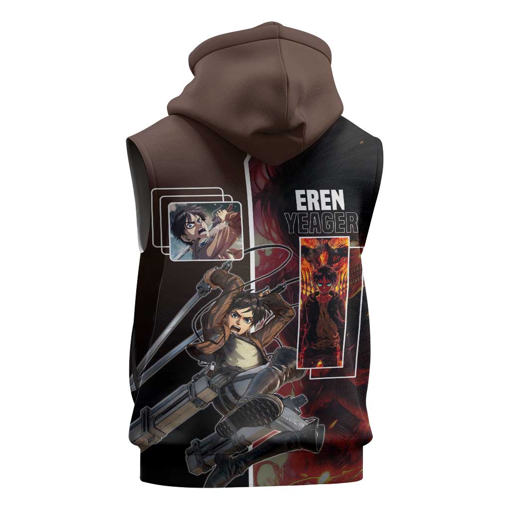 Eren Yeager from Attack on Titan Sleeveless Hoodie with Action Poses and Fiery Background Design - The Mazicc