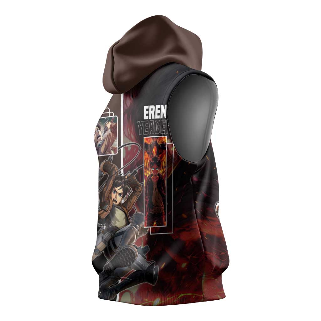 Eren Yeager from Attack on Titan Sleeveless Hoodie with Action Poses and Fiery Background Design - The Mazicc