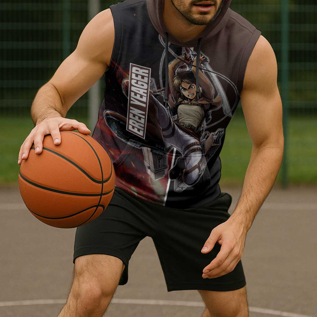 Eren Yeager from Attack on Titan Sleeveless Hoodie with Action Poses and Fiery Background Design - The Mazicc