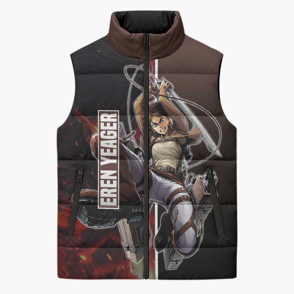 Eren Yeager from Attack on Titan Sleeveless Puffer Jacket with Action Poses and Fiery Background Design - The Mazicc