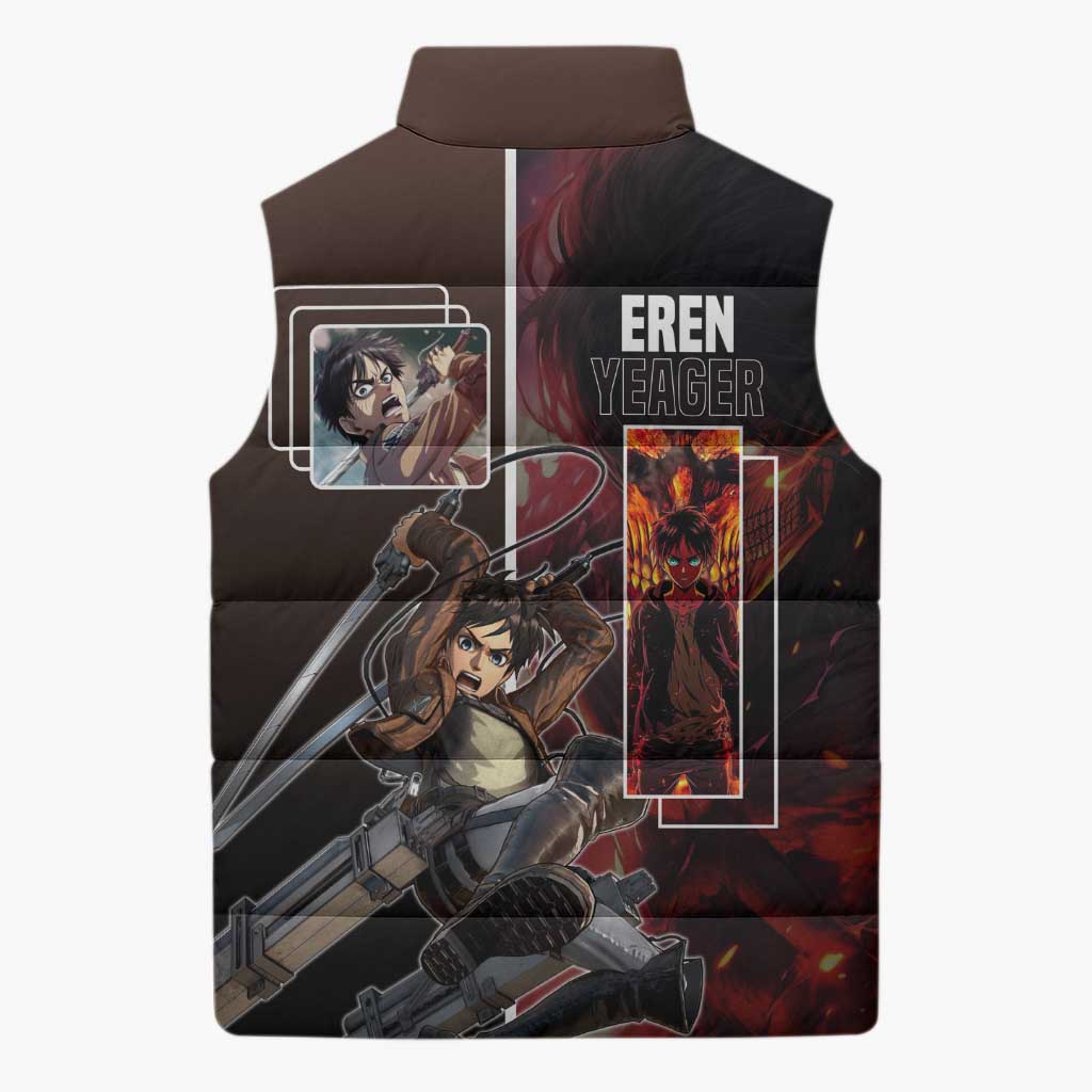 Eren Yeager from Attack on Titan Sleeveless Puffer Jacket with Action Poses and Fiery Background Design - The Mazicc