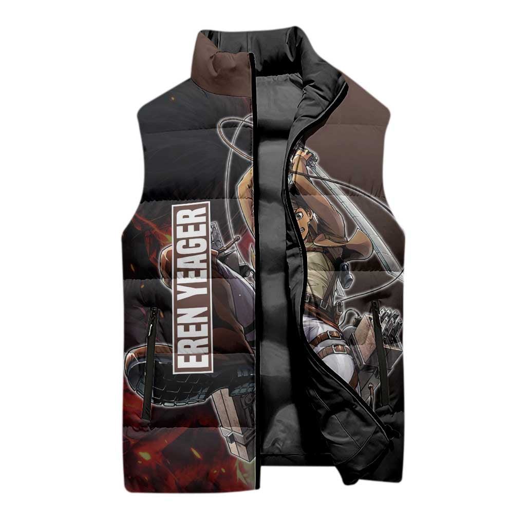 Eren Yeager from Attack on Titan Sleeveless Puffer Jacket with Action Poses and Fiery Background Design - The Mazicc