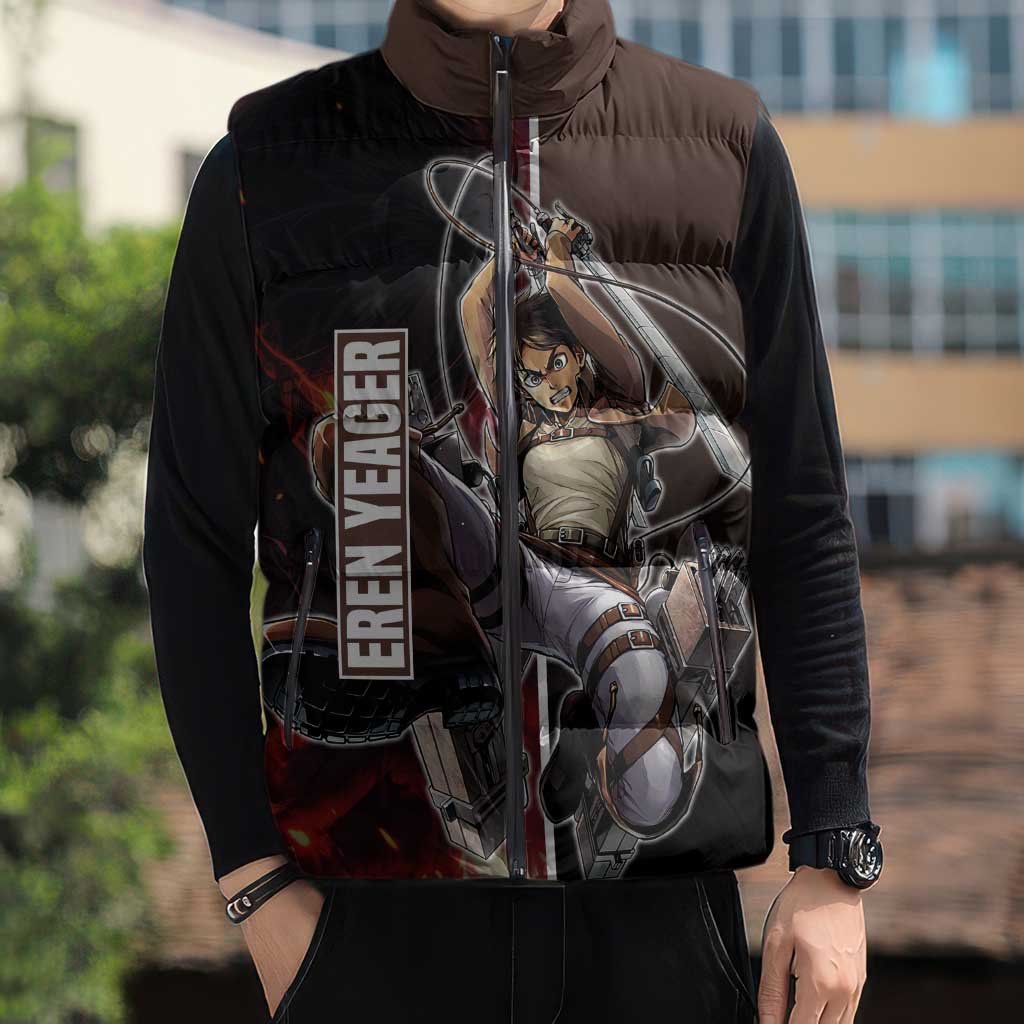 Eren Yeager from Attack on Titan Sleeveless Puffer Jacket with Action Poses and Fiery Background Design - The Mazicc