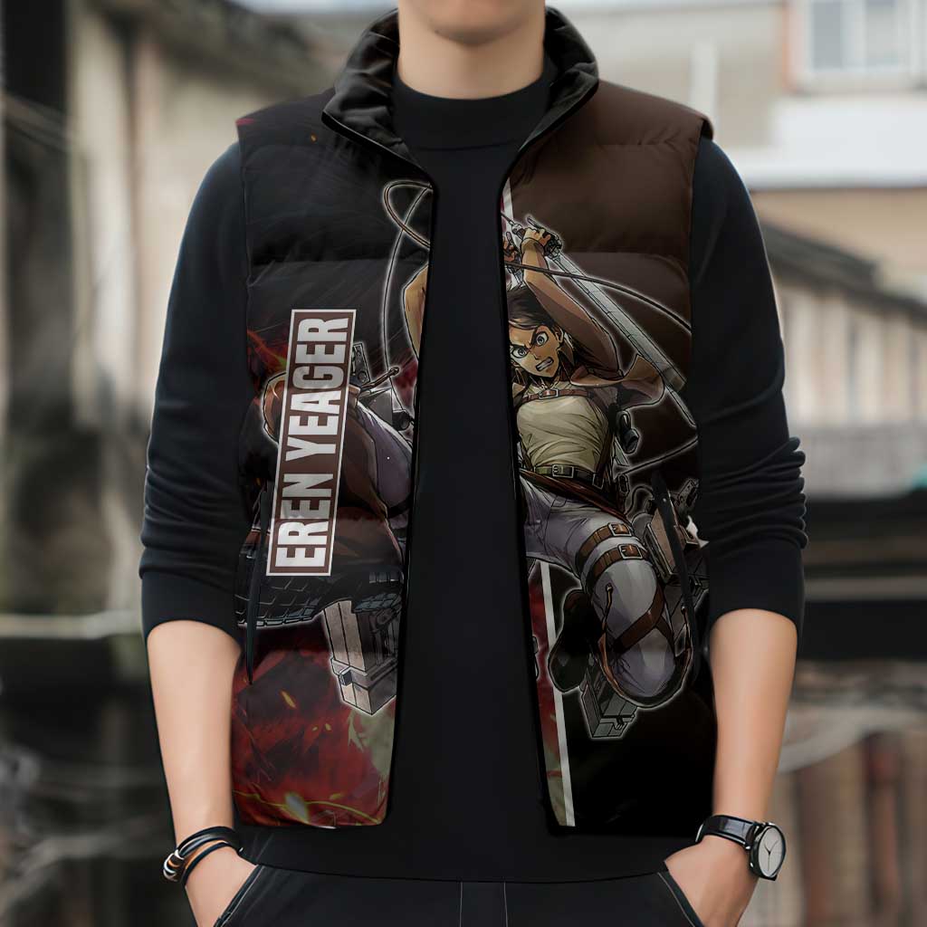 Eren Yeager from Attack on Titan Sleeveless Puffer Jacket with Action Poses and Fiery Background Design - The Mazicc