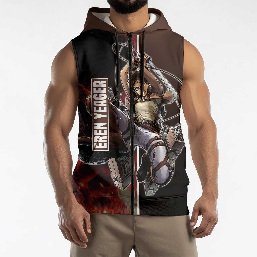 Eren Yeager from Attack on Titan Sleeveless Zip Hoodie with Action Poses and Fiery Background Design - The Mazicc