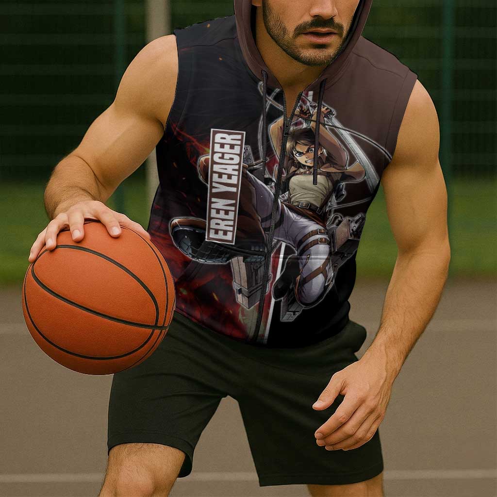 Eren Yeager from Attack on Titan Sleeveless Zip Hoodie with Action Poses and Fiery Background Design - The Mazicc