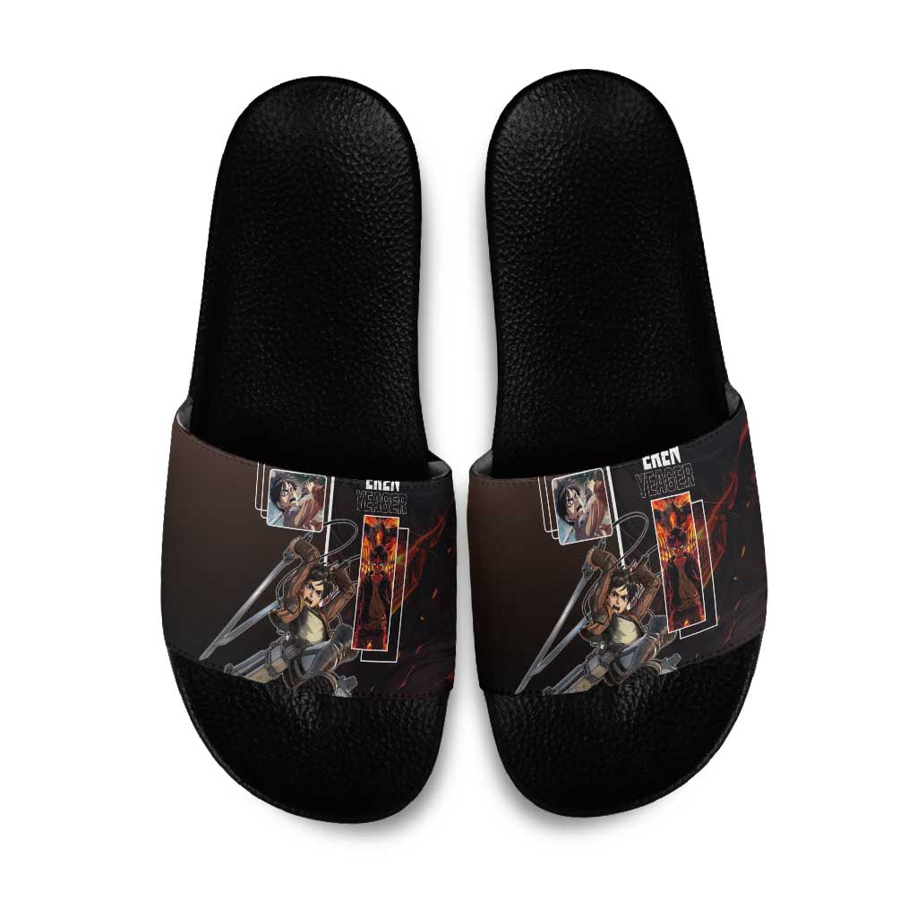 Eren Yeager from Attack on Titan Slide Sandals with Action Poses and Fiery Background Design - The Mazicc