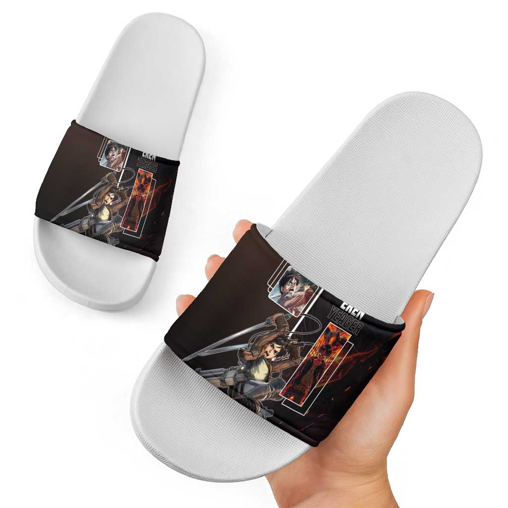 Eren Yeager from Attack on Titan Slide Sandals with Action Poses and Fiery Background Design - The Mazicc