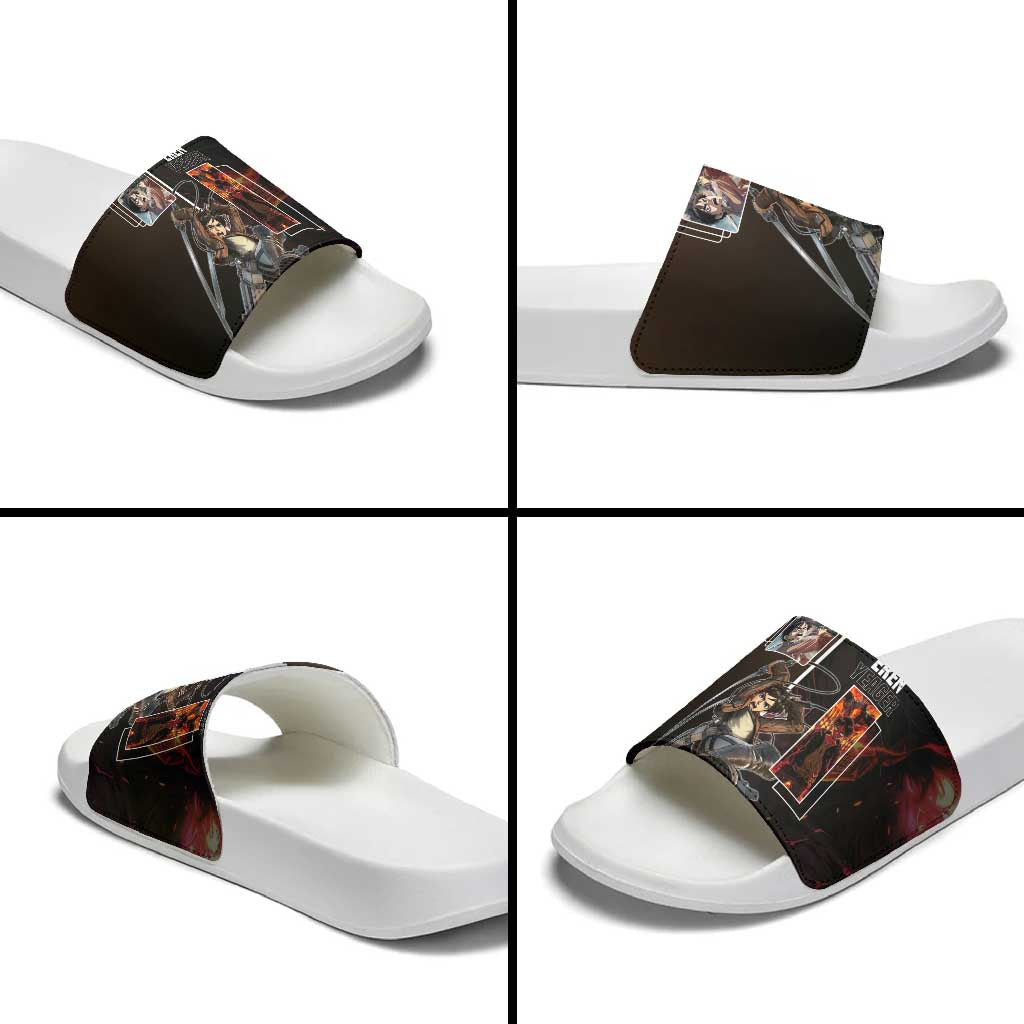 Eren Yeager from Attack on Titan Slide Sandals with Action Poses and Fiery Background Design - The Mazicc