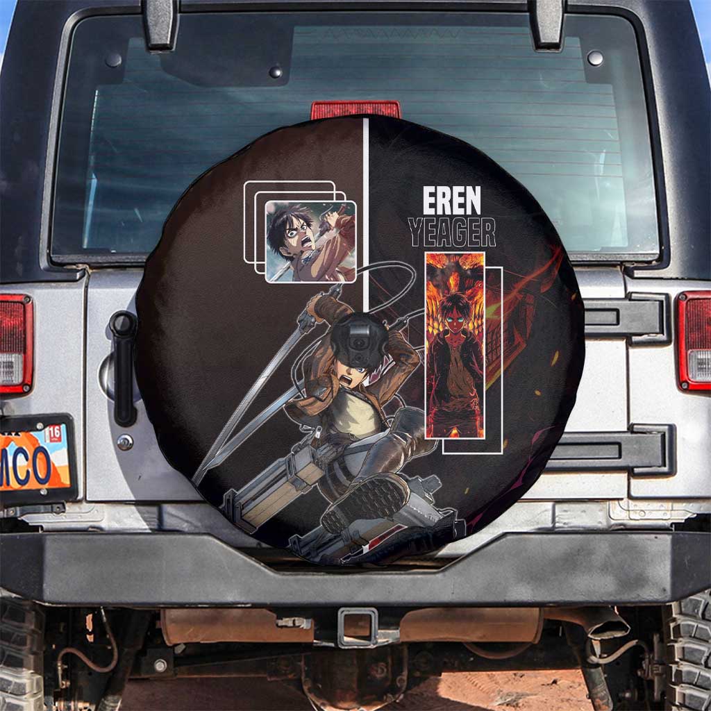 Eren Yeager from Attack on Titan Spare Tire Cover with Action Poses and Fiery Background Design - The Mazicc