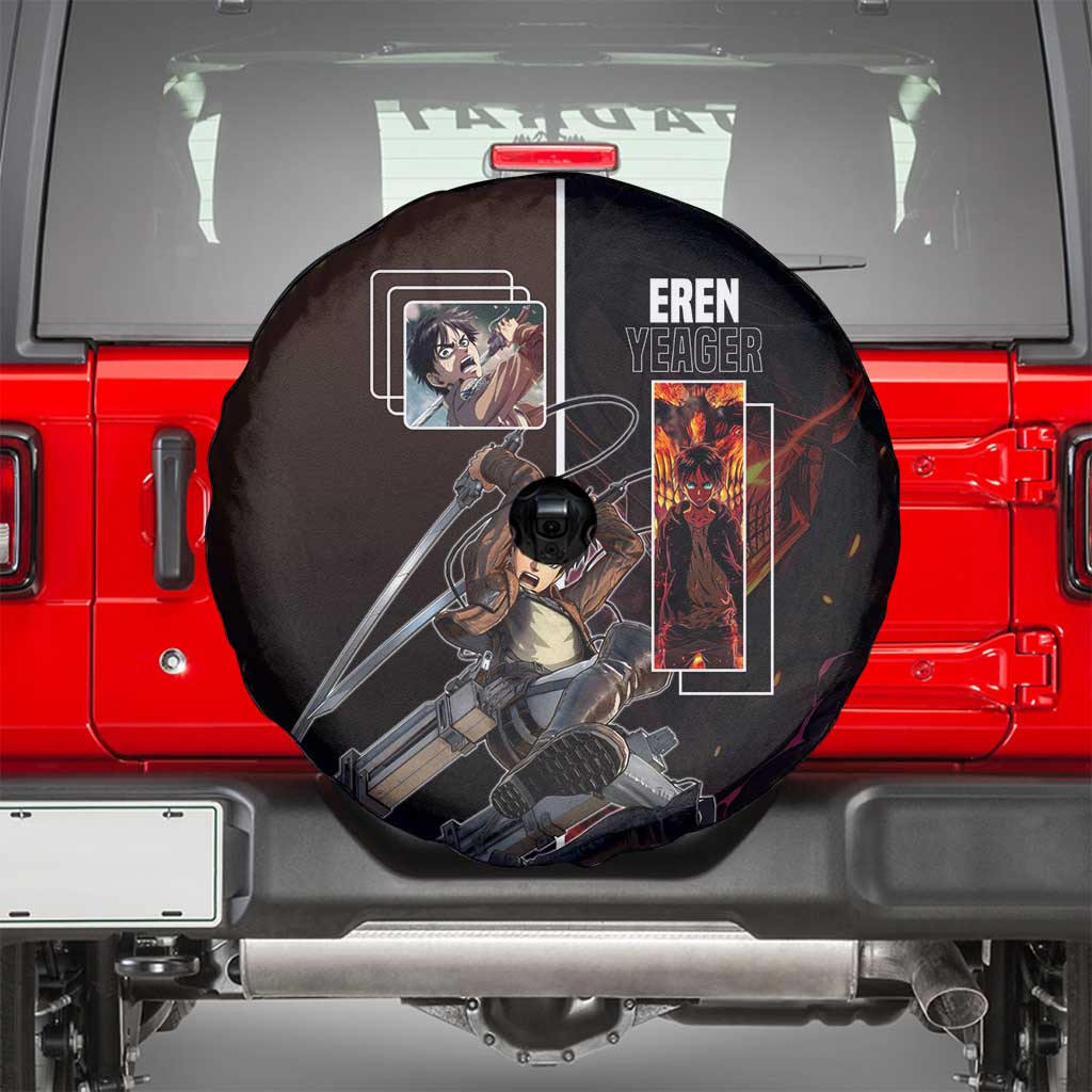Eren Yeager from Attack on Titan Spare Tire Cover with Action Poses and Fiery Background Design - The Mazicc