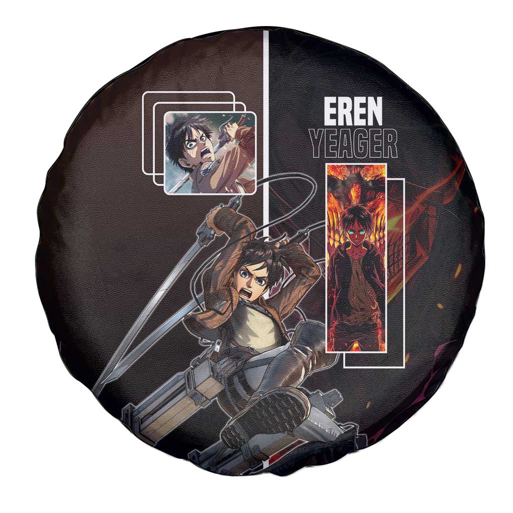 Eren Yeager from Attack on Titan Spare Tire Cover with Action Poses and Fiery Background Design - The Mazicc
