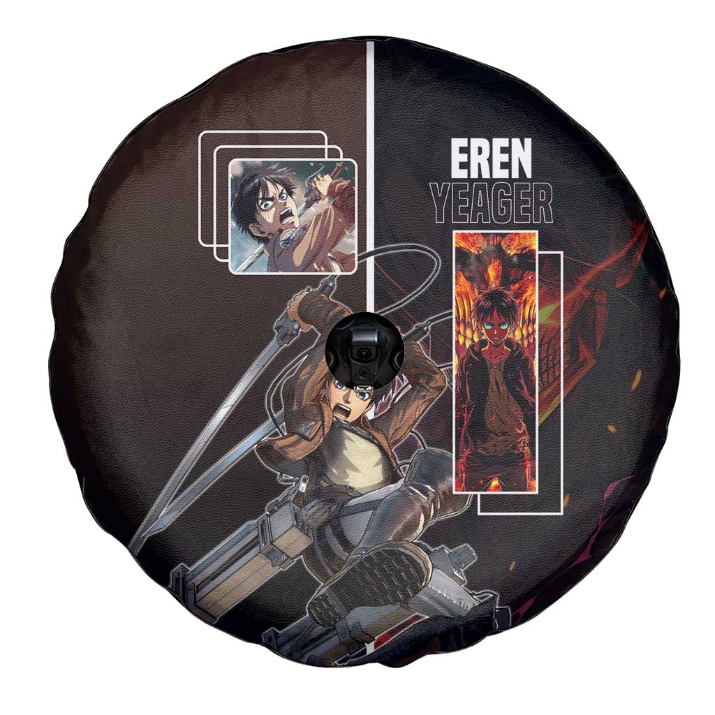 Eren Yeager from Attack on Titan Spare Tire Cover with Action Poses and Fiery Background Design - The Mazicc
