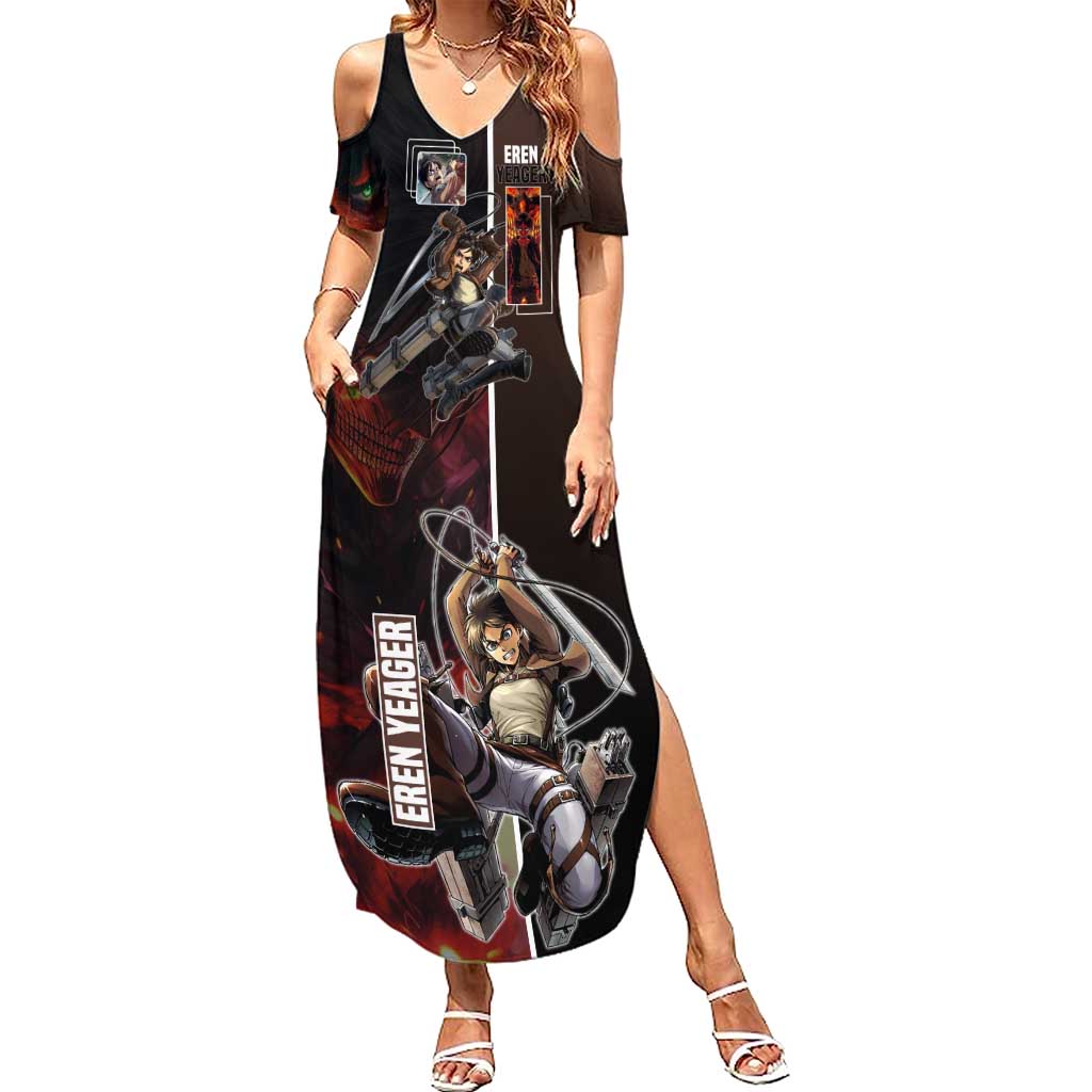 Eren Yeager from Attack on Titan Summer Maxi Dress with Action Poses and Fiery Background Design - The Mazicc