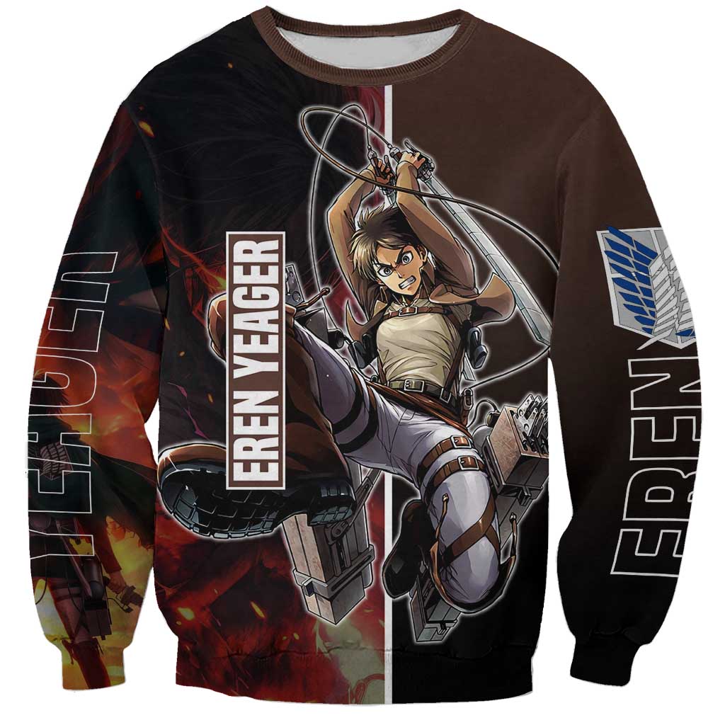 Eren Yeager from Attack on Titan Sweatshirt with Action Poses and Fiery Background Design - The Mazicc