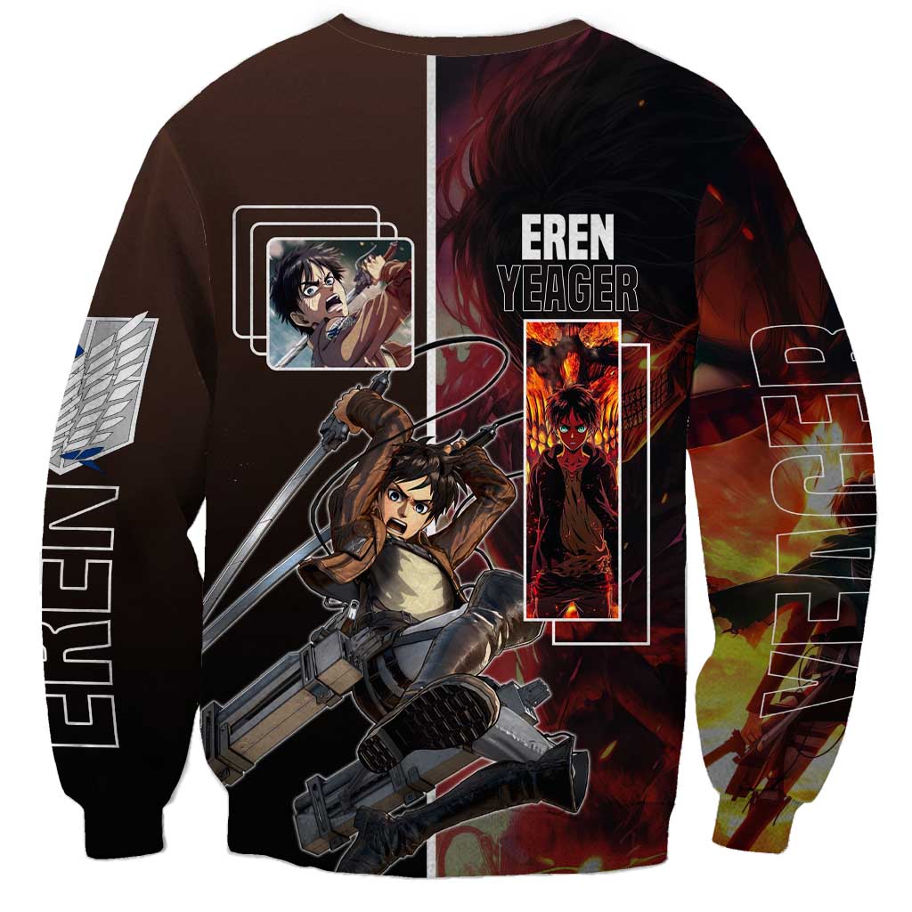 Eren Yeager from Attack on Titan Sweatshirt with Action Poses and Fiery Background Design - The Mazicc