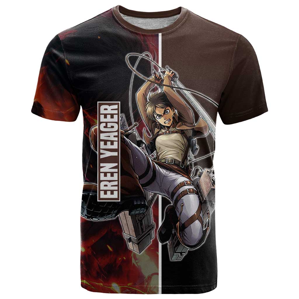 Eren Yeager from Attack on Titan T Shirt with Action Poses and Fiery Background Design - The Mazicc