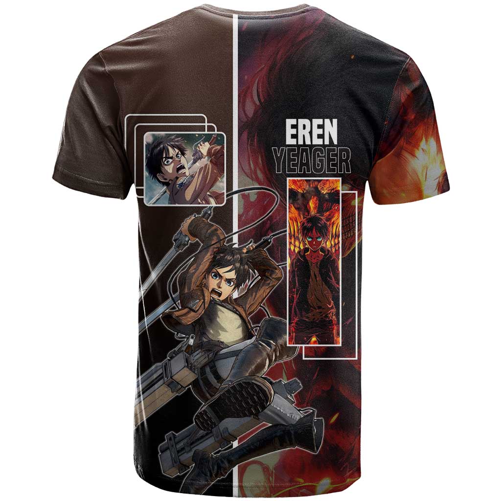 Eren Yeager from Attack on Titan T Shirt with Action Poses and Fiery Background Design - The Mazicc