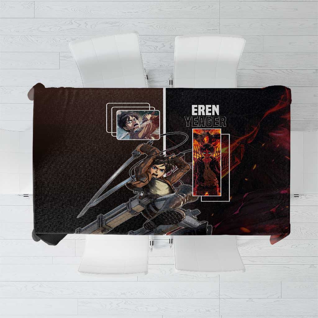 Eren Yeager from Attack on Titan Tablecloth with Action Poses and Fiery Background Design - The Mazicc
