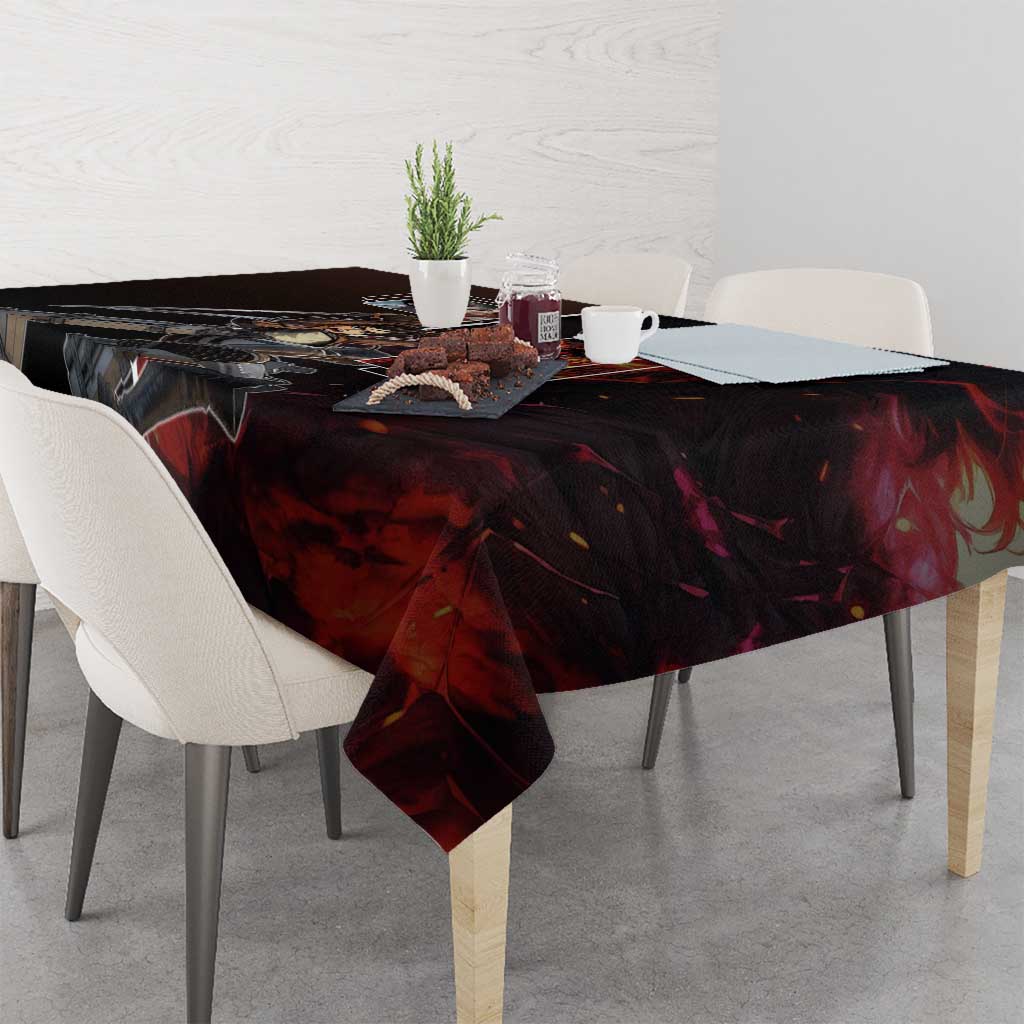 Eren Yeager from Attack on Titan Tablecloth with Action Poses and Fiery Background Design - The Mazicc
