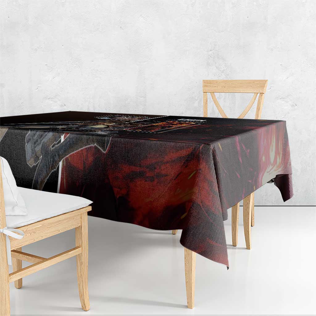 Eren Yeager from Attack on Titan Tablecloth with Action Poses and Fiery Background Design - The Mazicc