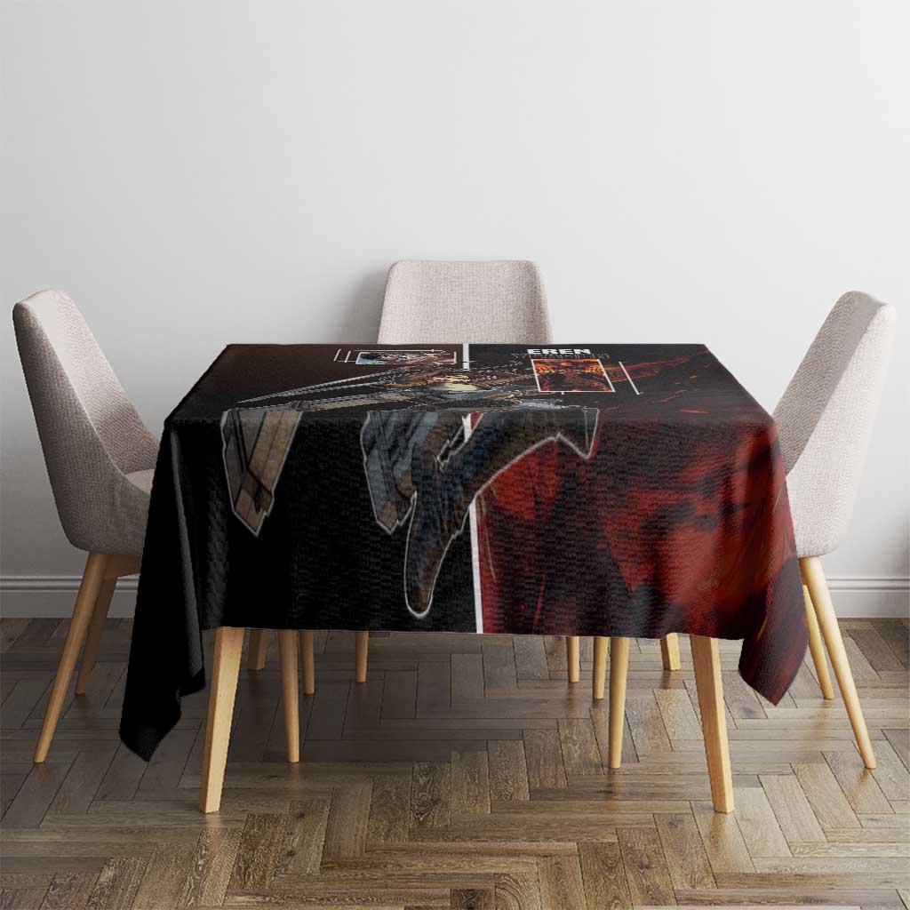 Eren Yeager from Attack on Titan Tablecloth with Action Poses and Fiery Background Design - The Mazicc