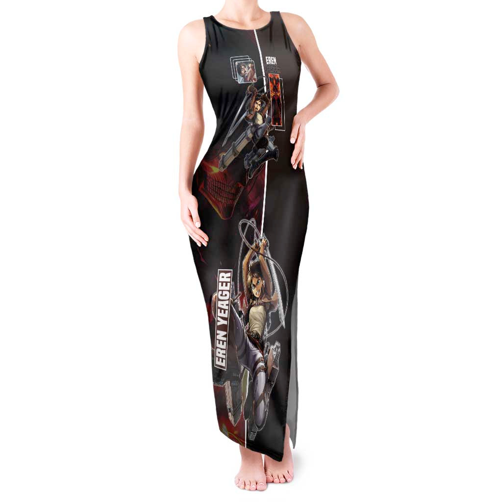 Eren Yeager from Attack on Titan Tank Maxi Dress with Action Poses and Fiery Background Design - The Mazicc