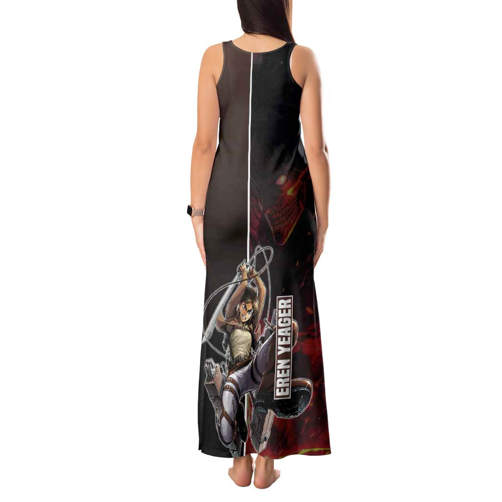 Eren Yeager from Attack on Titan Tank Maxi Dress with Action Poses and Fiery Background Design - The Mazicc