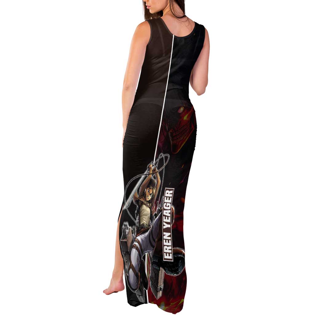 Eren Yeager from Attack on Titan Tank Maxi Dress with Action Poses and Fiery Background Design - The Mazicc