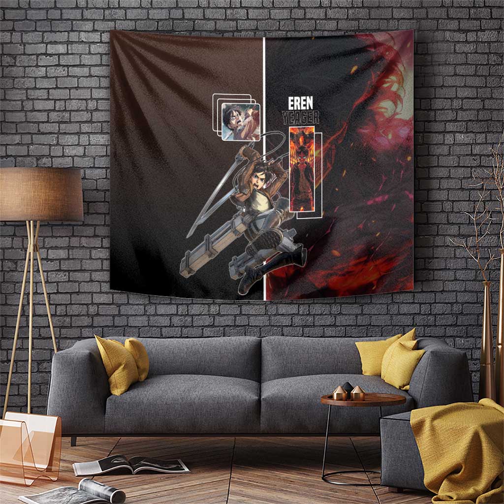 Eren Yeager from Attack on Titan Tapestry with Action Poses and Fiery Background Design - The Mazicc