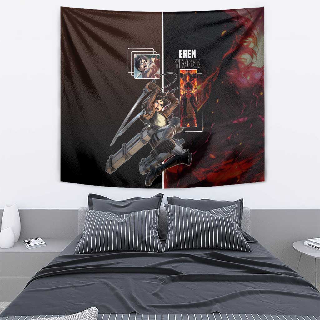 Eren Yeager from Attack on Titan Tapestry with Action Poses and Fiery Background Design - The Mazicc