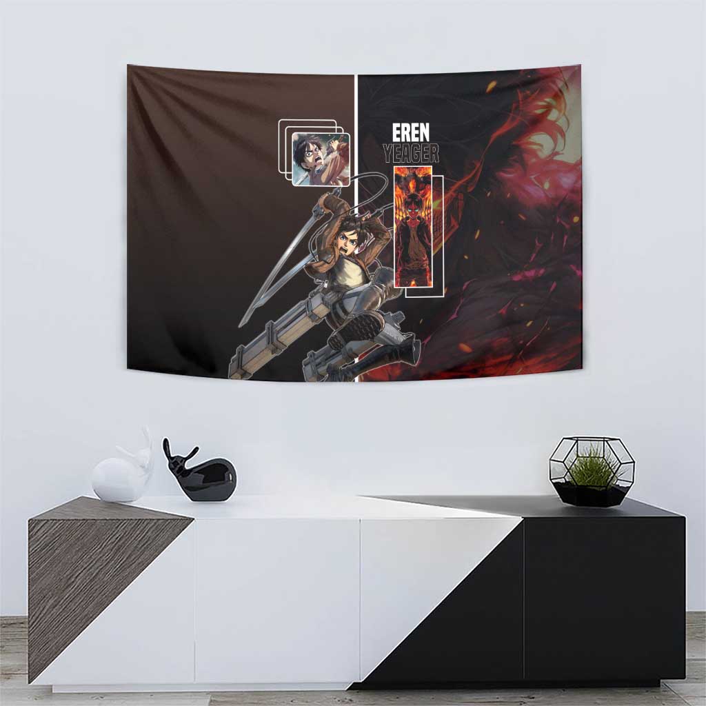 Eren Yeager from Attack on Titan Tapestry with Action Poses and Fiery Background Design - The Mazicc