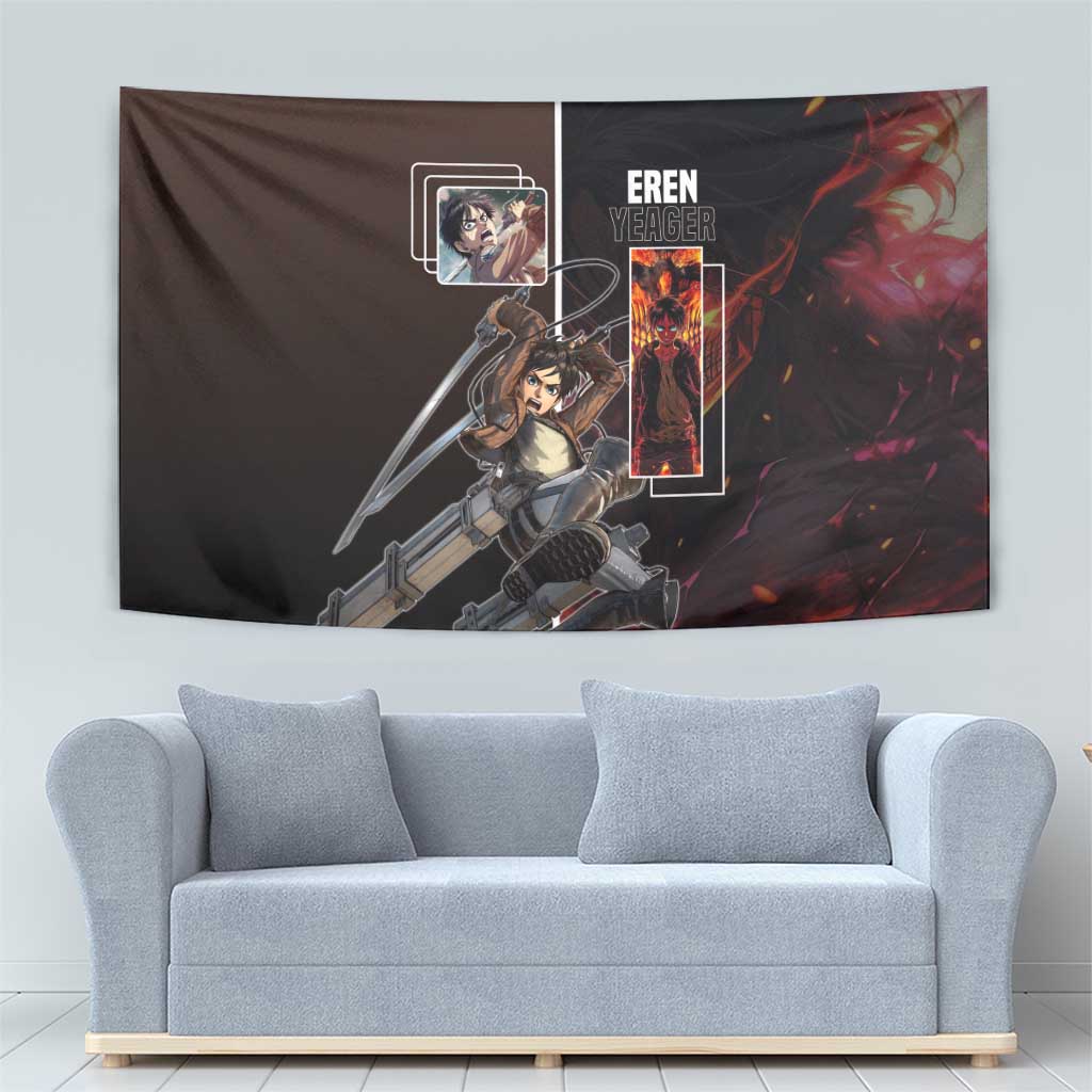 Eren Yeager from Attack on Titan Tapestry with Action Poses and Fiery Background Design - The Mazicc