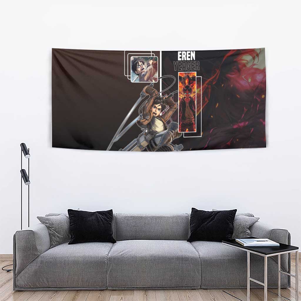 Eren Yeager from Attack on Titan Tapestry with Action Poses and Fiery Background Design - The Mazicc