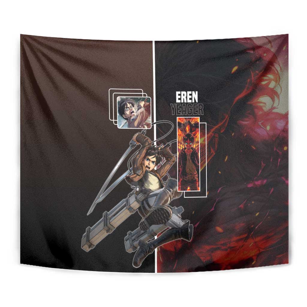 Eren Yeager from Attack on Titan Tapestry with Action Poses and Fiery Background Design - The Mazicc