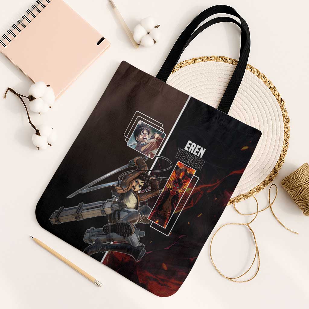 Eren Yeager from Attack on Titan Tote Bag with Action Poses and Fiery Background Design - The Mazicc