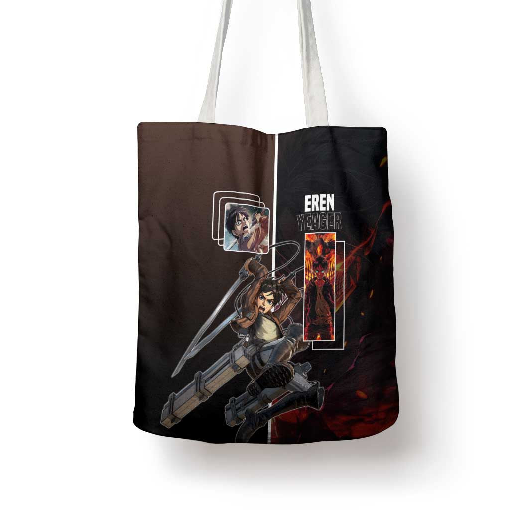 Eren Yeager from Attack on Titan Tote Bag with Action Poses and Fiery Background Design - The Mazicc