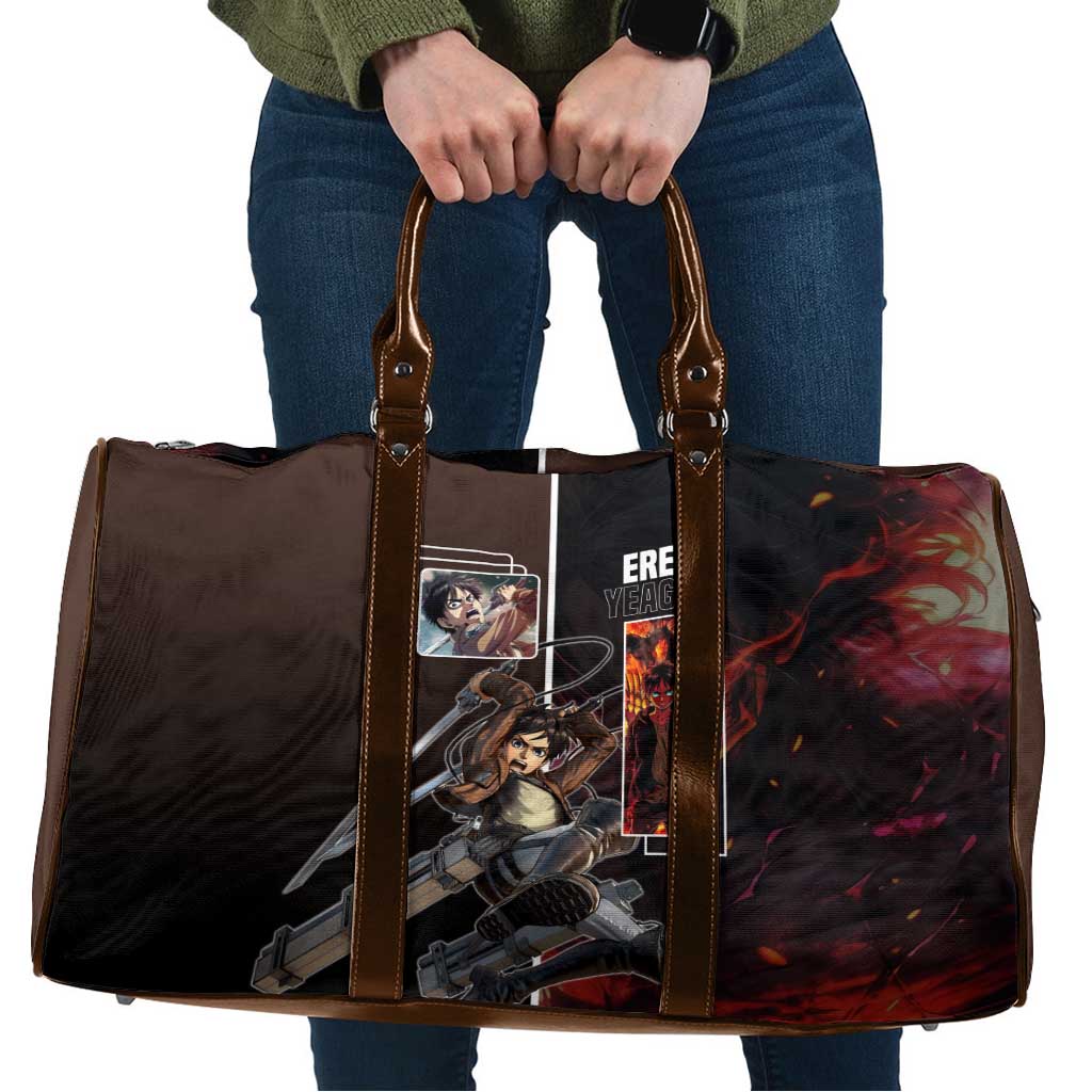 Eren Yeager from Attack on Titan Travel Bag with Action Poses and Fiery Background Design - The Mazicc
