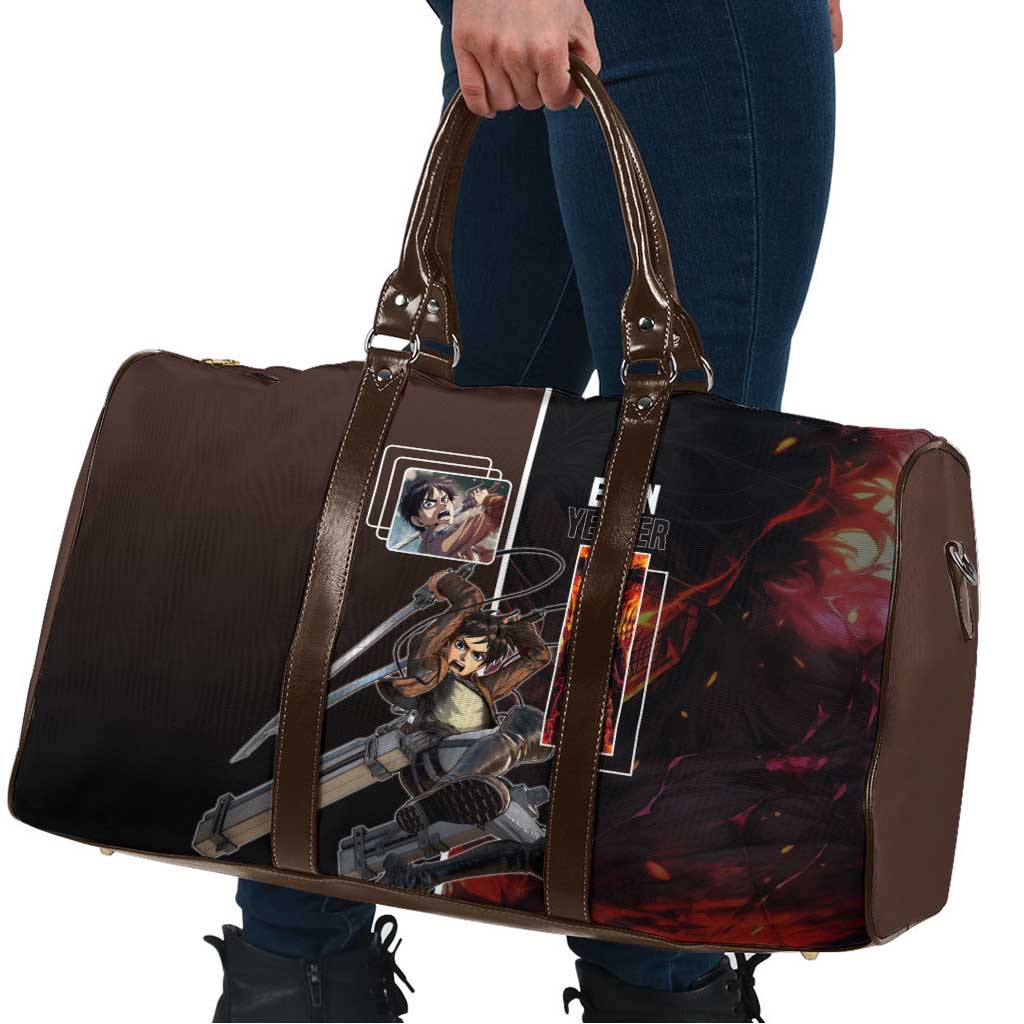 Eren Yeager from Attack on Titan Travel Bag with Action Poses and Fiery Background Design - The Mazicc