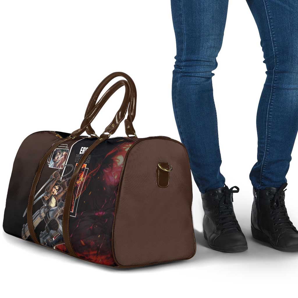 Eren Yeager from Attack on Titan Travel Bag with Action Poses and Fiery Background Design - The Mazicc