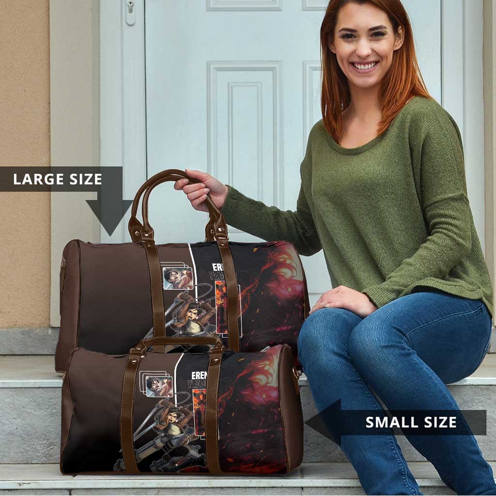 Eren Yeager from Attack on Titan Travel Bag with Action Poses and Fiery Background Design - The Mazicc
